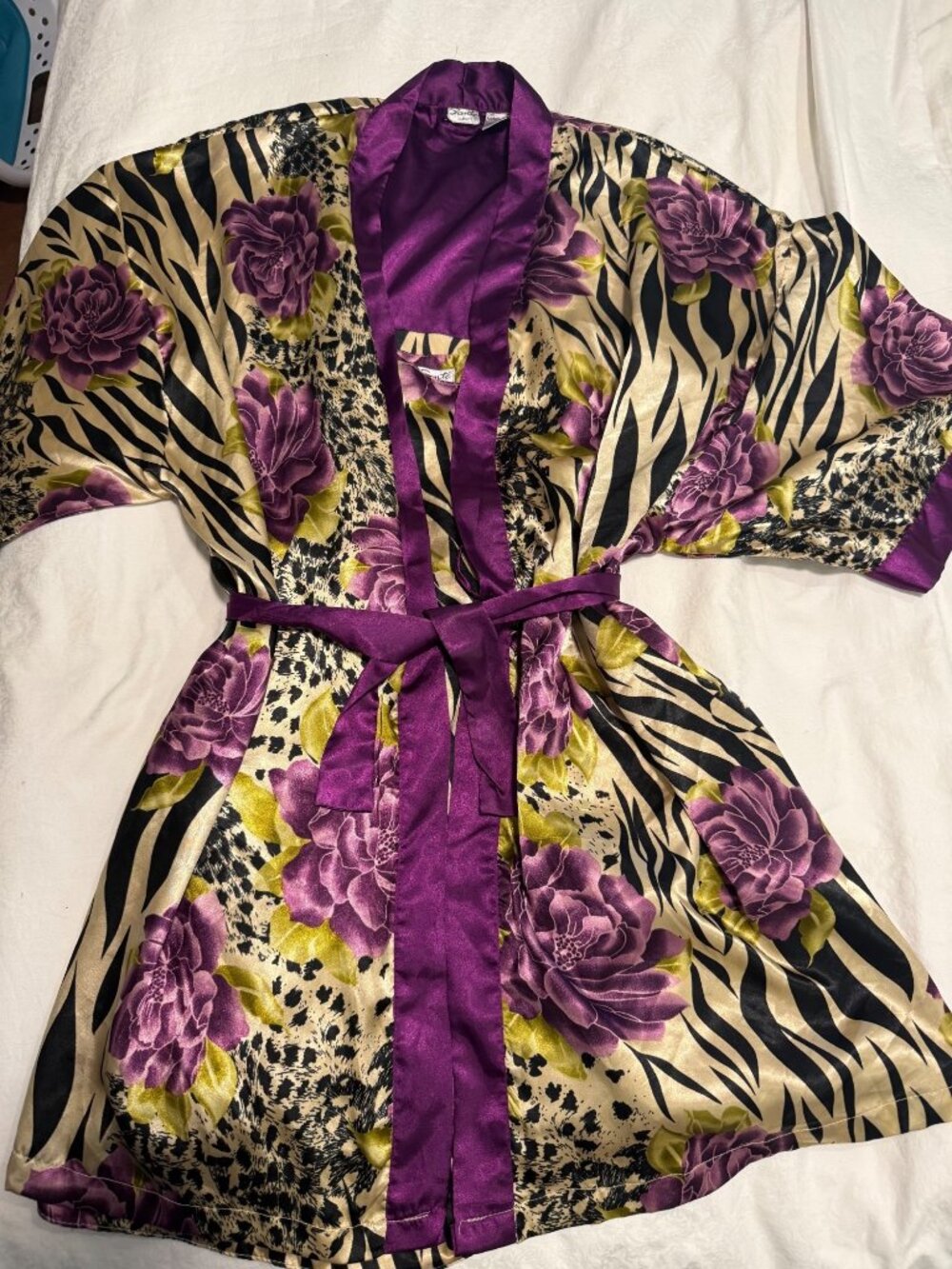 Santé Classics 2X Satin Pajama Set Robe & Nightgown Purple Floral Animal Print